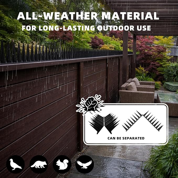 Bird Spikes, 24 Pack, 33.5 FT Total Coverage, Outdoor Bird Deterrent for Pigeons and Small Birds, Helps Keep Cats and Squirrels Away, Plastic Spikes for Fences, Railings and Roofs, Black