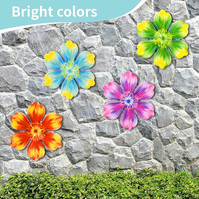 Junware 4Pcs Metal Flower Decor, 6.2" Outddoor Metal Wall Art Hanging Decoration for Garden Fence Yard Living Room Patio Backyard, Metal Flowers for Outside