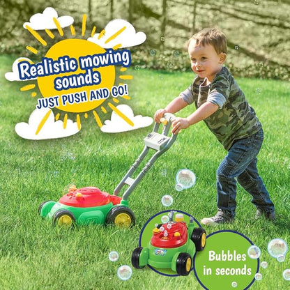 Maxx Bubbles Bubble-N-Go Mower, Includes 4oz Bubble Solution, Bubble Lawn Mower for Toddlers, Outdoor Bubble Toy for Kids, No Batteries Required, Red