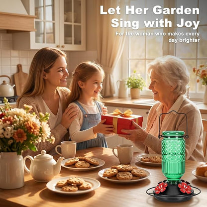 FEED GARDEN Glass Hummingbird Feeder, 16oz Outdoor Hanging Bird Feeder with Ant Moat, 4 Bee-Proof Feeding Ports, 360° Perch, Leak-Proof, Green