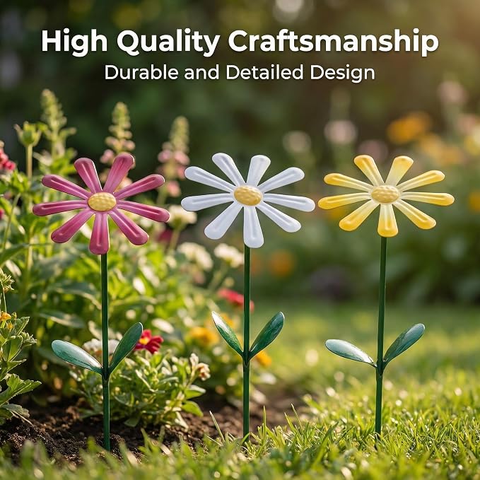 Topadorn Set of 3 Metal Daisy Garden Stakes, Decorative Flower Garden Stakes for Planters, Flower Beds, Lawn & Patio, 14.5 Inch