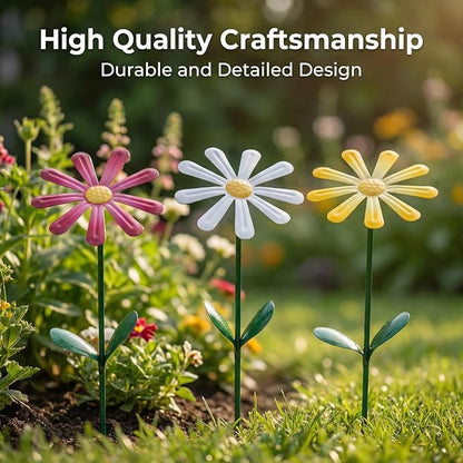 Topadorn Set of 3 Metal Daisy Garden Stakes, Decorative Flower Garden Stakes for Planters, Flower Beds, Lawn & Patio, 14.5 Inch