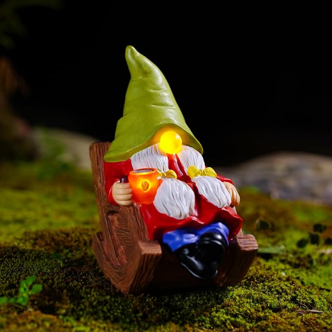 Solar Powered Relax Garden Gnome Statue, Rocking Chair Gnome 6.5“ with Glowing LED Nose & Coffee Cup, Hand Painted Resin Outdoor Indoor Decor Ornament for Patio Lawn Yard Home, Calming Novelty Gift