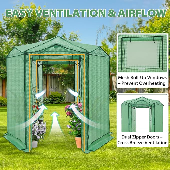 EAGLE PEAK 6.6x6.6 Portable Walk in Greenhouse, Pop Up Indoor Outdoor Greenhouse, Green House Kit with Zippered Roll-Up Doors and Windows, Hexagon Design, PE Cover, Clear/Green