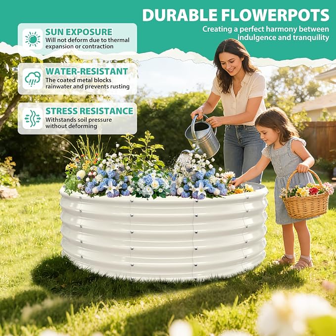 YSEJOMP 17" Tall 48" Diameter Round Raised Garden Bed Kits Outdoor White | Heavy Duty,Rustproof,Durable & Stylish,1.5 FT Tall,4FT Planter Bed,0.8MM Thick Galvanized Metal Painted,with Gloves,Tool free