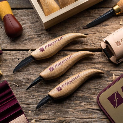 Flexcut Wood Carving Knives | Starter Set of 3 Woodcarving Knives | 1095 High Carbon Steel Blades | Ergonomic Ash Wood Handles for Beginners and Hobbyists | KN500 | Made in the U.S.A