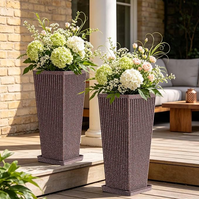 24" Square Tall Planters for Outdoor Plants Set of 2 - Faux Concrete Classic Tapered Indoor Flower Pots with Tray/Drainage Holes/Partition, Large Outdoor Planters for Porch Patio Garden, Brown