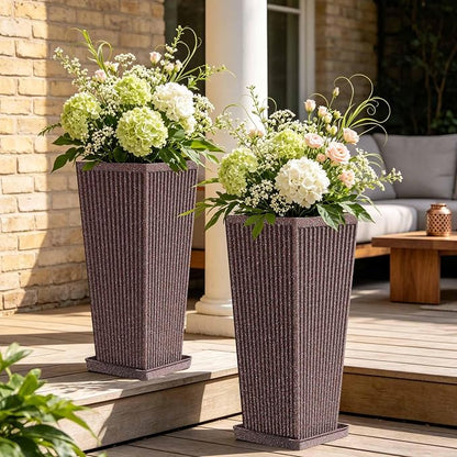 24" Square Tall Planters for Outdoor Plants Set of 2 - Faux Concrete Classic Tapered Indoor Flower Pots with Tray/Drainage Holes/Partition, Large Outdoor Planters for Porch Patio Garden, Brown