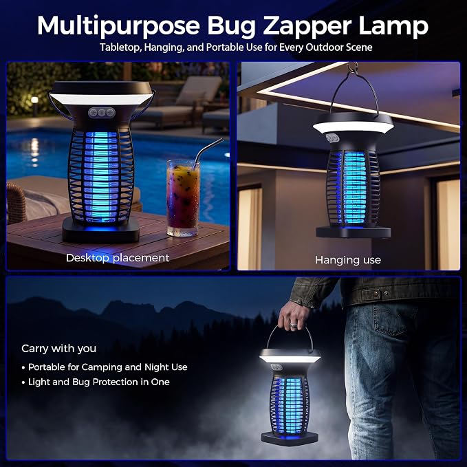 Solar Bug Zapper Outdoor, UV Mosquito and Fly Zapper with Auto Mode, Rechargeable Cordless Electric Insect Trap, Waterproof Bug Light for Patio Backyard Porch Camping