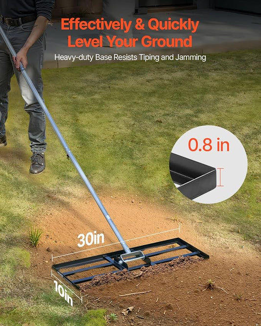 VEVOR Lawn Leveling Rake, Lawn Leveler with 83.9 in Handle, 30x10 in Ground Plate, Rust-Resistant Carbon Steel Soil Leveler, 3 Heights Adjustable, Effort Saving Lawn Leveling Tool for Yard Golf Court