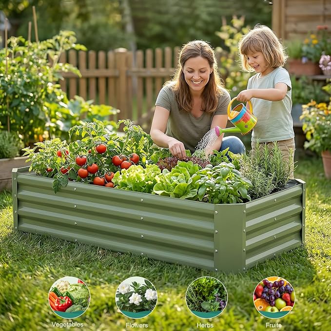 Galvanized Raised Garden Bed - 4x2x1ft (2Packs) Metal Garden Planter Box Outdoor | Steel Raised Bed Kit with Bracing Rods, Gloves for Gardening Vegetables Fruits and Flowers (Olive Green)