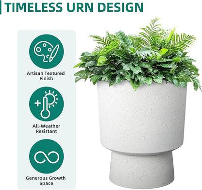 2-Pack 16.75" White Terrazzo Urn Planters with Detachable Bases | Set of 2 PP urn planters with white terrazzo finish, detachable bases, drainage plugs, and UV-treated surface for porch
