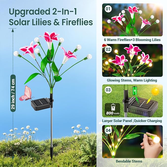 WdtPro Upgraded Solar Garden Lights Outdoor: 4 Pack 2-in-1 Solar Firefly Swaying Light with Lily Flower and Glowing Stem, Waterproof Garden Decor for Yard Patio Pathway Lawn, Gardening Gifts for Women