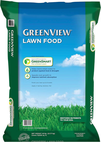 GreenView Lawn Food 48 lb. Bag, Covers 15,000 sq. ft. | 22-0-4 NPK formula - Restores soil nutrients - 8 weeks continuous feeding