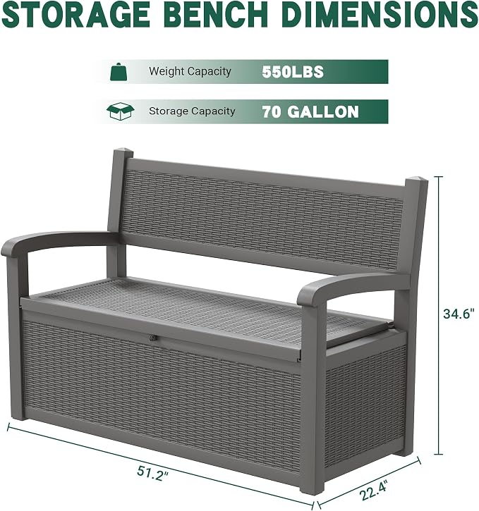 LHBcraft 70 Gallon Outdoor Storage Bench Deck Box Lockable for Patio Furniture, Outdoor Porch Bench with Storage Waterproof for Cushions, Garden Tools and Pool Supplies, Grey