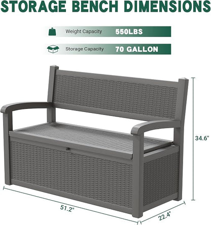 LHBcraft 70 Gallon Outdoor Storage Bench Deck Box Lockable for Patio Furniture, Outdoor Porch Bench with Storage Waterproof for Cushions, Garden Tools and Pool Supplies, Grey