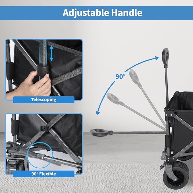 YSSOA Collapsible Folding Wagon, Beach Wagon with Big Wheels, Heavy Duty Foldable Utility Cart, Portable Garden Cart with Adjustable Handle, Foldable Grocery Cart for Camping Sports