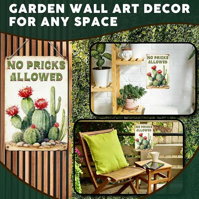 PEACHGARDEN Cactus Deocr Garden Signs No Pricks Allowed Southwestern Metal Tin Sign Cactus Wall Art Decor for Outdoor Garden Yard Greenhouse 8x12 inch