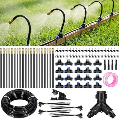 100Ft 360° Adjustable Drip Irrigation System Kit, 1/4 Inch PE Tubing with 20 Bendable Nozzles, Automatic Garden Watering System for Greenhouse, Lawn, Raised Bed, Flower Bed