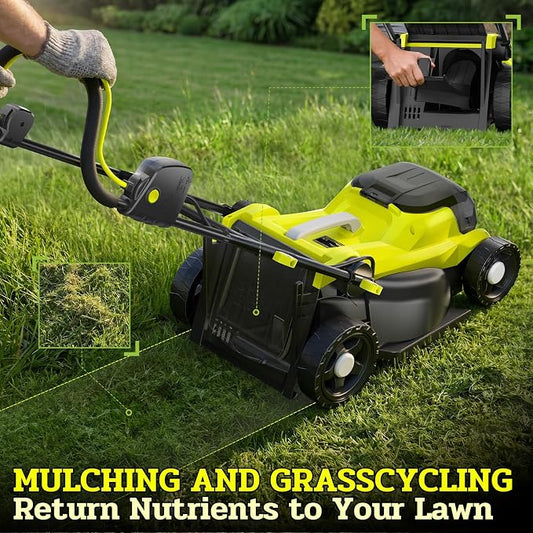 40V Electric Lawn Mower 16" Cordless Battery Powered Mower, 2 in 1 Mulching Lawnmower with 5-Position Height Adjustment 10.6 Gallon Bag, Small Push Lawn Trimmer, 2X4.0Ah Battery and 2 Chargers