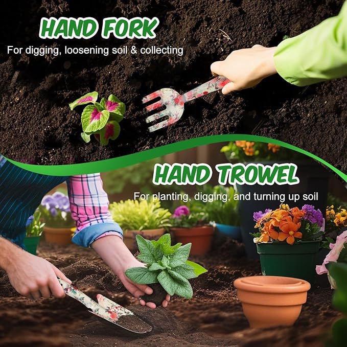 Gardening Gifts for Women, Garden Tools for Mom Grandma | Gardening Tools with Hand Fork Trowel Gloves Apron, Floral Print Birthday Pink Gifts for Plant Lovers Wife, Retirement Gifts