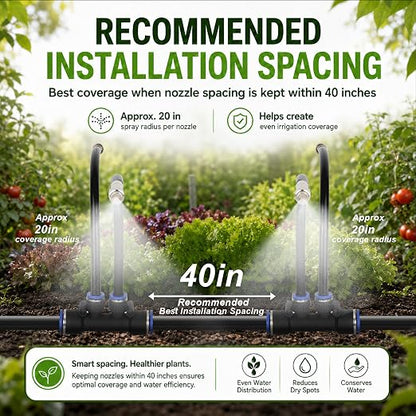 50Ft 1/2" Tubing High-Flow Drip Irrigation System, 360° Adjustable Garden Watering System with 30 Nozzles, Dual-Side Watering Kit for Raised Beds, Greenhouses & Efficient Plant Irrigation
