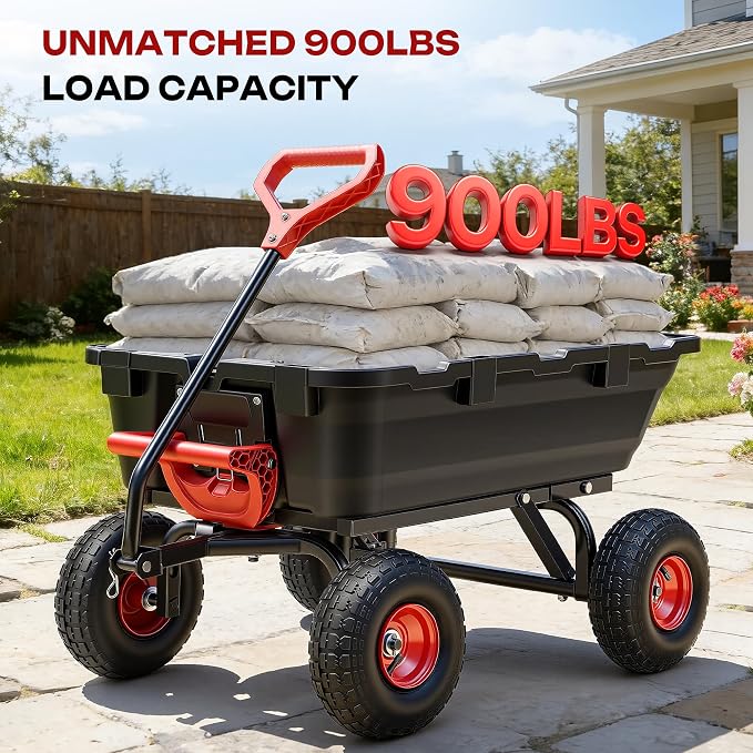 Garden Dump Cart Wheelbarrow 900Lbs, 10" All Terrain Tires Wagon | Upgrade Non-Slip Pneumatic Tires,DIY Expansion over 900LBS Capacity,Quick-Release Dumping, Steel Frame for Yard, Farm, Garden