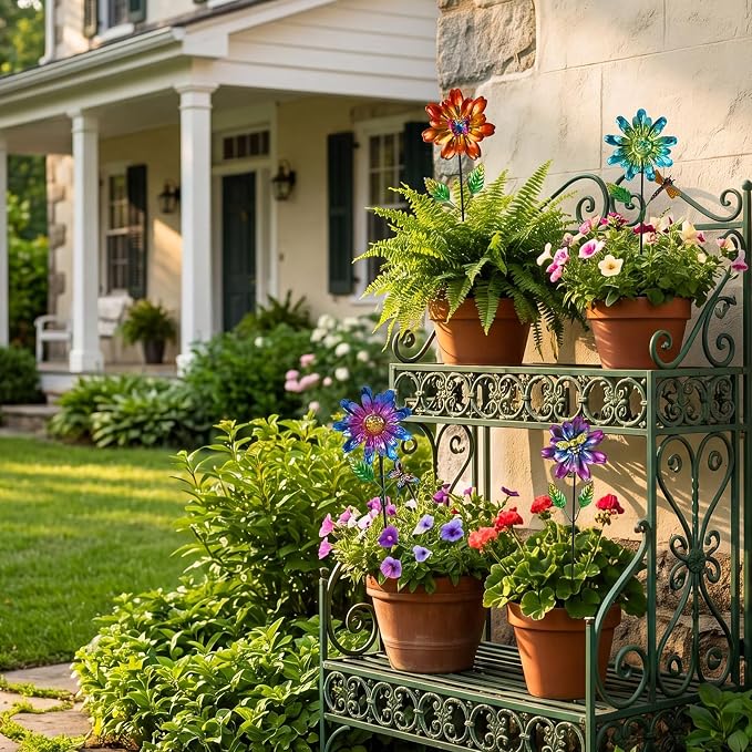 Calenzana Metal Flower Garden Stakes for Outside Set of 4, Flower Garden Decor with Shaking Head for Yard Porch Lawn Pathway, Multi-Color