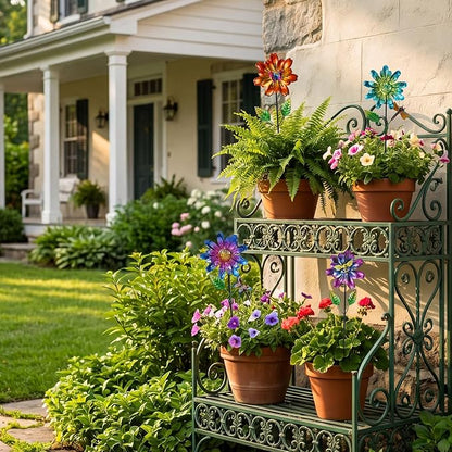 Calenzana Metal Flower Garden Stakes for Outside Set of 4, Flower Garden Decor with Shaking Head for Yard Porch Lawn Pathway, Multi-Color