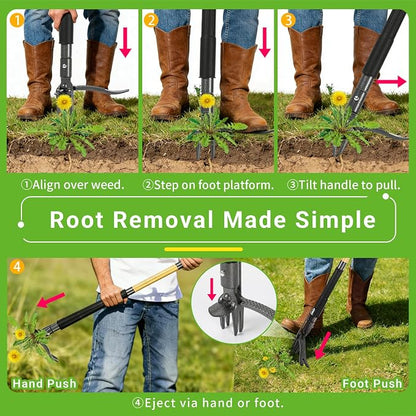 43.5" Weed Puller Tool for Lawn Yard, Dual-Eject Mechanism with Bag | 4-Claw Steel Head,Adjustable 43.5" Bamboo Long Handle,Supports a weight of 265 lbs,Includes 16 Gallon Leaf Bag
