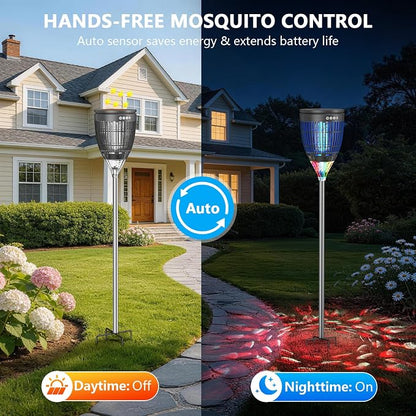Solar Bug Zapper Outdoor, Jinyeda 4200V Mosquito Zapper with RGB Projector & Flame Lights, Cordless Mosquito Killer, USB Rechargeable Fly Insect Trap Waterproof Lighting Decor for Patio, Garden, Yard
