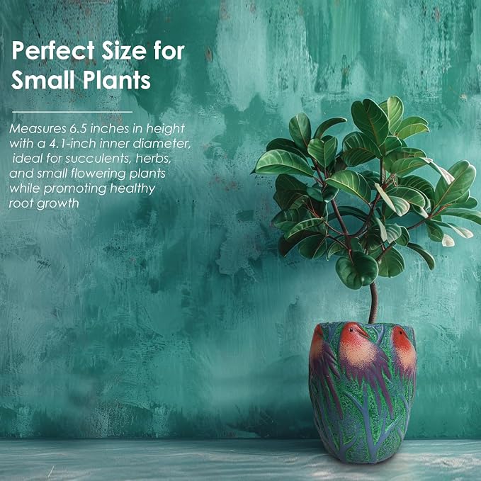 6.5 inch Green Ceramic Flower Pot with Bird Patterns,Indoor Outdoor Planter for Succulents Plants, Modern Home Garden Decor
