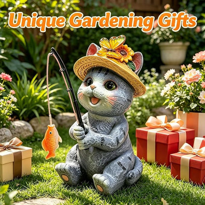 VOOKRY Solar Garden Cat Statues, Outdoor Fishing Cat with Solar Lights Waterproof, Birthday Gifts for Cat Lovers Mom Women Christmas, Garden Figurines for Yard Decor Patio Porch Lawn Ornaments