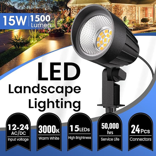 Low Voltage Landscape Lighting, 15W LED Landscape Spotlights with Connectors 12V-24V AC/DC 3000K IP66 Waterproof Warm White Spotlights for Yard Garden Pathway Outdoor (12 Pack)