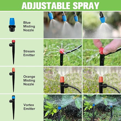 250FT Drip Irrigation System for Garden with 40 Nozzles & Emitters, Garden Watering System with 1/2" & 1/4" Tube and Barbed Fittings - Adjustable Sprinklers Kit for Greenhouse, Lawn, Raised Bed