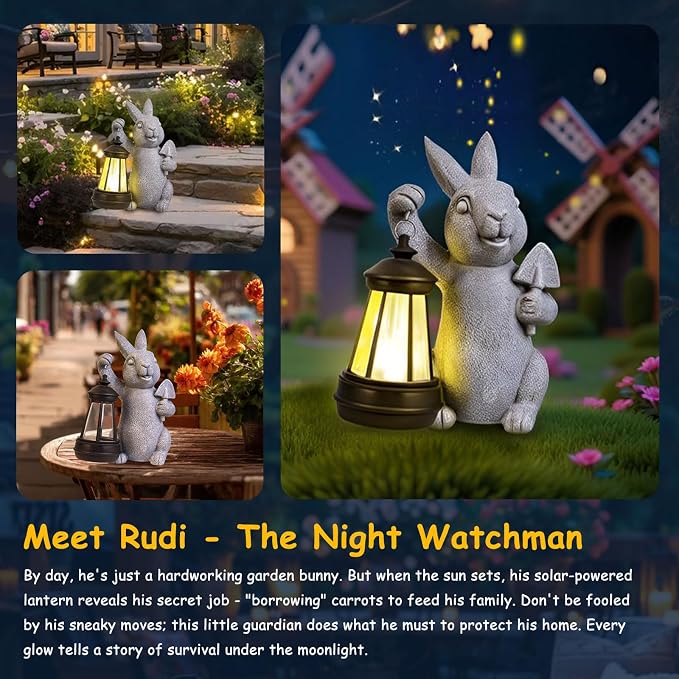RICHIE Rabbit Statue Garden Ornaments Art Outdoor Decoration with Solar Powered LED Lights Decor for Patio,Balcony,Yard, Mum Birthday Gifts, Garden Gifts for Women, Chrismtas Gifts for Mom Grandma