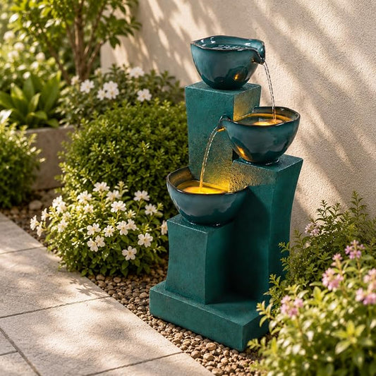 Teamson Home 28.54 in. 3-Tier Cascading Outdoor Water Fountain, Green | LED Lights, For Gardens, For Landscaping, For Patios, For Balconies