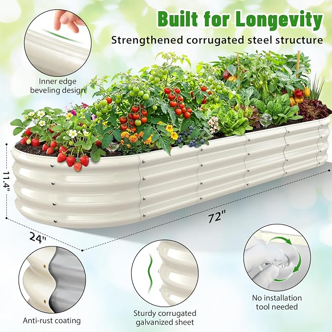 Oval Raised Garden Bed, 6 x 2 x 1FT, Galvanized Steel Planter Box with Wave-Shaped Metal Panels Painted for Outdoor Flower,Tree,Herb & Vegetable Garden (White, 72X24X12 inches)