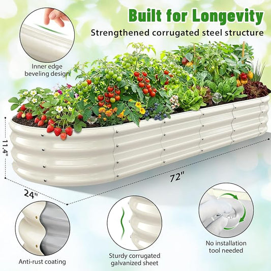 Oval Raised Garden Bed, 6 x 2 x 1FT, Galvanized Steel Planter Box with Wave-Shaped Metal Panels Painted for Outdoor Flower,Tree,Herb & Vegetable Garden (White, 72X24X12 inches)