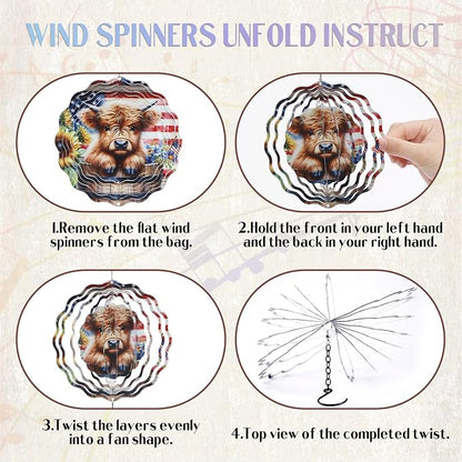 Highland Cow Wind Chimes - Metal Windchime with 3D Spinners | Cows Gifts for Women Mom Garden Decor Indoor Outdoor Art Hanging Decoration for Patio Yard Balcony Christmas Birthday Gift