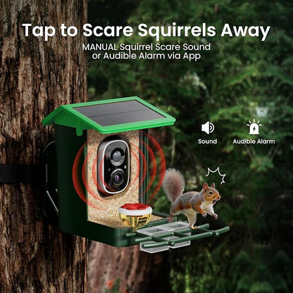 Bird Feeder with Camera Solar Powered 2K HD Video, 10,000+ Species AI Recognition, Real-Time App Alerts, and Weatherproof Design for Effortless Birdwatching, Gift for Bird Lovers, Grass Green