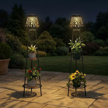2 Pack Solar Floor Lamps Outdoor with 2-Tier Plant Stand, Metal Tall Planter Holder with Waterproof LED Lantern, Decorative Patio Light & Flower Pot Display Rack for Garden, Deck, Porch, Balcony