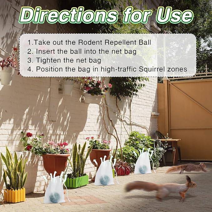 24 Pack Squirrel Repellent Outdoor Balls, Peppermint Oil Squirrel Deterrent Indoor & Outdoor Use for Attic, Car, Garage, Garden, Safe for Family & Pets