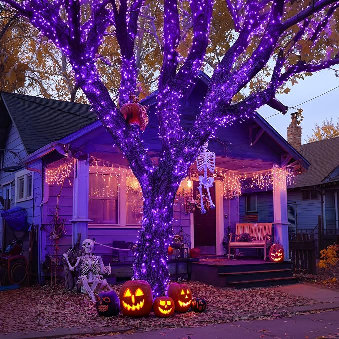 JMEXSUSS 2 Pack Solar Halloween Lights, Total 151FT 400 LED, Purple | Outdoor Waterproof, 8 Modes Solar String Lights for Outside Patio Christmas Tree Garden Yard Halloween Decorations