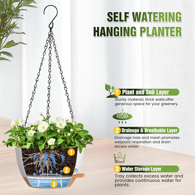 8 Inch Self Watering Hanging Planters Set of 3 with Saucers | Set of 3 8-inch self-watering hanging planters with side-fill watering ports, chain hangers & snap-on saucers