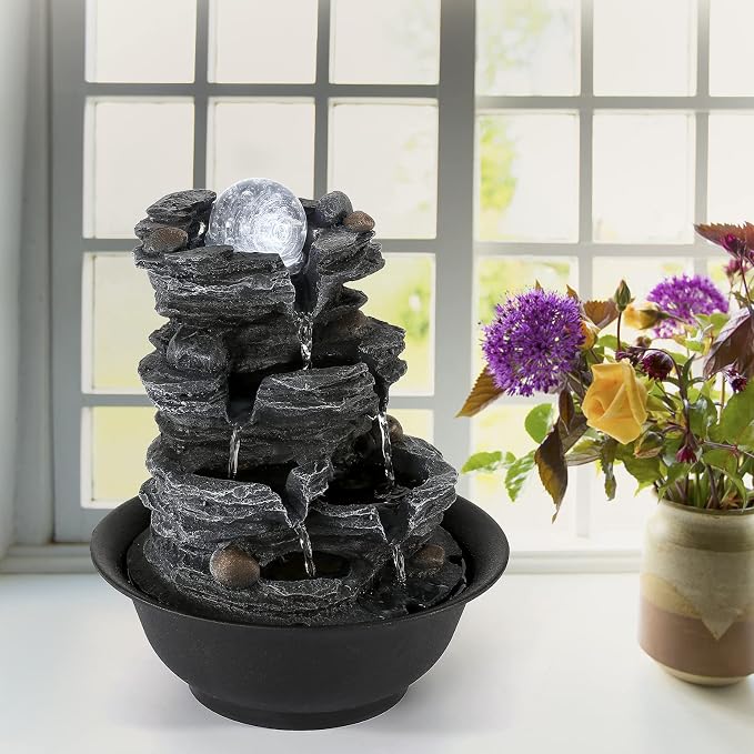 Dyna-Living Tabletop Water Fountain Indoor Waterfalls Fountains with White LED Light Decorative Feng Shui Tabletop Fountain with Quiet Pump and Spinning Ball, Desktop Waterfall Fountain for Home Decor