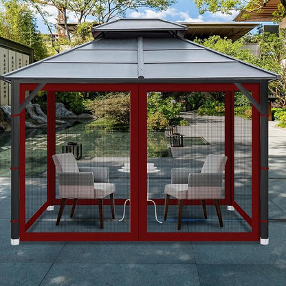 Gazebo Universal Replacement Mosquito Netting, Outdoor Mesh Netting Screen 4-Panel Sidewall with Zipper for Patio, Canopy, Garden and Backyard, Gray(Mosquito Net Only) (Red and Black, 10' x 10')