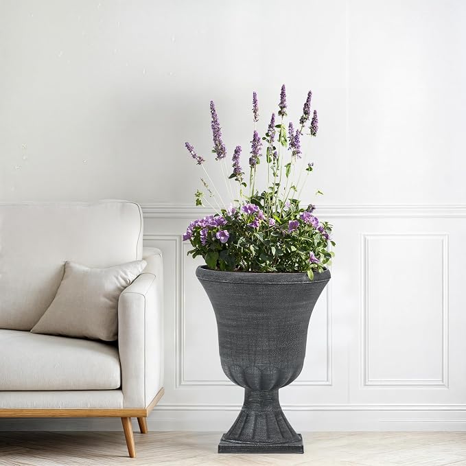 Autodaya 22" Tall Urn Planters for Outdoor Plants Set of 2 Large Flower Pot | 3D Textured Washed Black Pedestal Outdoor Planters, Weather-Resistant Plastic Plant Pot for Porch, Patio, Garden & Indoor Use