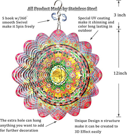 FONMY Mandala Wind Spinner w/Crystal Ball-Romatic Flower 3D Stainless Steel Hanging Spinners Worth Gift Christmas Decoration Indoor/Outdoor Garden Décor Kinetic Yard Art 12 Inches Wind Sculpture