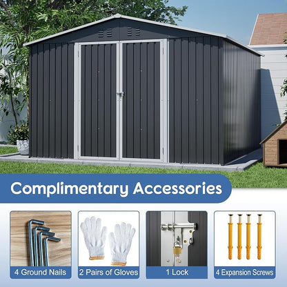 PVWIIK 10x10 FT Large Outdoor Metal Storage Shed, Heavy Duty Waterproof Steel Garden Tool Shed with Lockable Doors, Utility Storage Building for Backyard Patio Lawn Garden, Black
